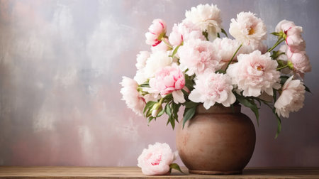 Blooms of Home Bliss: Stock images showcase lovely peony pink and white flowers against a rustic wall background, bringing a touch of sweet home charm.の素材