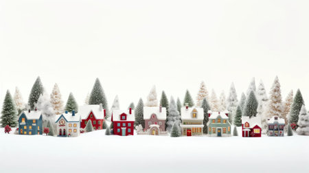 Stock images capture the magic of Christmas with a miniature holiday village-little ceramic houses, snowy fir trees, and festive decorations on a white background.の素材