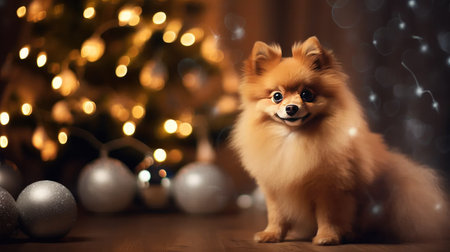 Stock images feature 'Merry Christmas' moments with a cute Danish Spitz dog sitting against a stylish Christmas tree.の素材