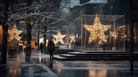 enchanting glow of a stylish Christmas golden star, festive baubles, and magical lights adorning a building at a holiday market.の素材