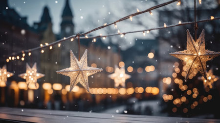 enchanting glow of a stylish Christmas golden star, festive baubles, and magical lights adorning a building at a holiday market.の素材