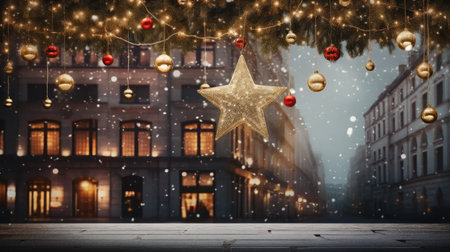 enchanting glow of a stylish Christmas golden star, festive baubles, and magical lights adorning a building at a holiday market.の素材