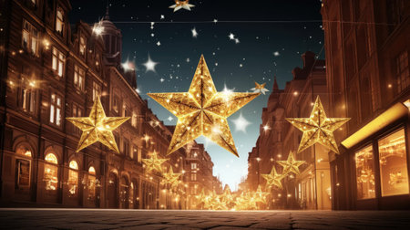 enchanting glow of a stylish Christmas golden star, festive baubles, and magical lights adorning a building at a holiday market.の素材