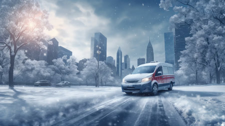 Frozen Standstill: City commute nightmare as cars are trapped in a snowstorm-induced traffic jam on a cold winter day. Icy roads create a picturesque yet challenging sceneの素材