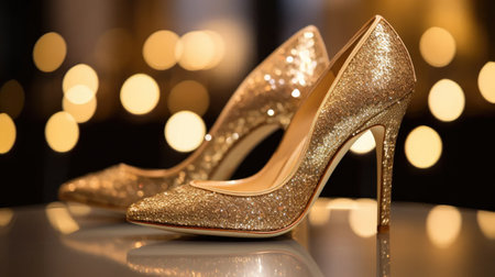 Golden elegance: beautiful glitter high heel shoes on a glass shelf. Ideal for wedding accessories.の素材