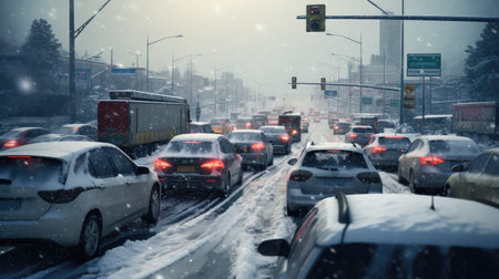 Snowy traffic standstill: scenic view of cars stuck on a dirt snow-covered road. winter hazards and urban congestion.の素材