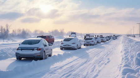 Snowy traffic standstill: scenic view of cars stuck on a dirt snow-covered road. winter hazards and urban congestion.の素材