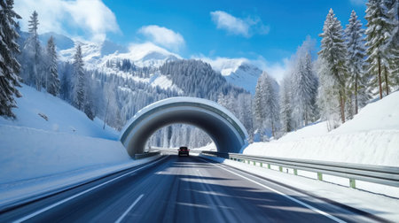 Scenic winter drive: alpine road with tunnel, mountains, and bright skyの素材