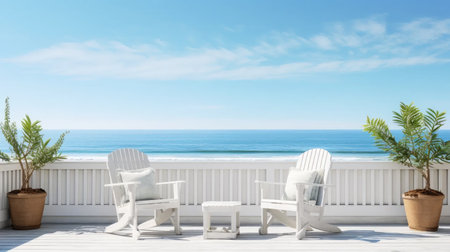 Embrace seaside living: terrace with wooden white fence overlooking the ocean. coastal view and serene atmosphere.の素材