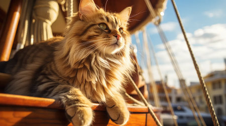 cute cat on vintage sailing boat in village marina.の素材