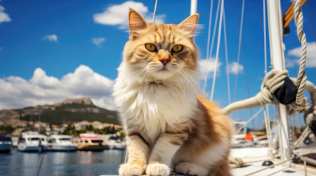 cute cat on vintage sailing boat in village marina.の素材