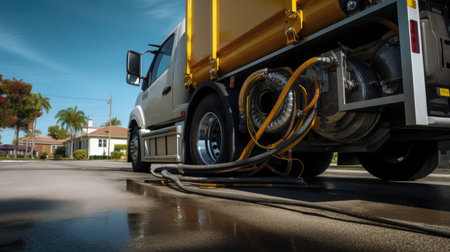 Detail septic cleaning: sewage truck pipe hose servicing suburban homesの素材