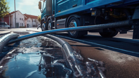 Detail septic cleaning: sewage truck pipe hose servicing suburban homesの素材