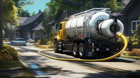 Detail septic cleaning: sewage truck pipe hose servicing suburban homesの素材