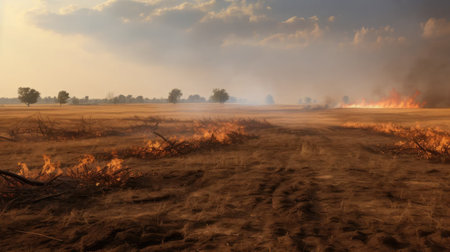 Capture the crisis: wildfire aftermath on a wheat field, arid climate, and environmental pollution.の素材
