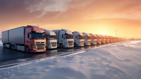 snowbound trucks on a halted highway. logistical challenge in a winter spectacle.の素材