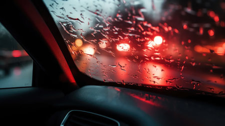 frosty close-up of a car windshield with a backdrop of blurred chaos. Illuminate the red brake lights in a storm-induced traffic jamの素材