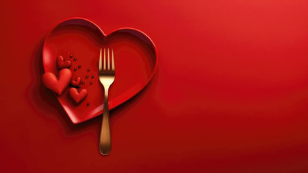 plate in shape of heart, table knife and fork on red valentine's dayの素材