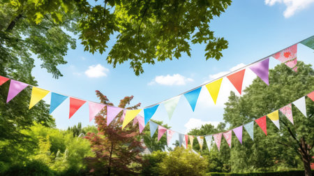 Summer Bliss: Elevate your event with our colorful pennant string hanging amidst lush green tree foliage against a vivid blue sky.の素材