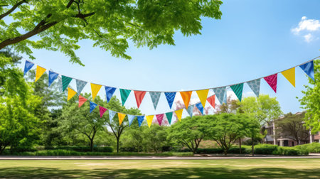 Summer Bliss: Elevate your event with our colorful pennant string hanging amidst lush green tree foliage against a vivid blue sky.の素材