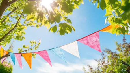 Summer Bliss: Elevate your event with our colorful pennant string hanging amidst lush green tree foliage against a vivid blue sky.の素材