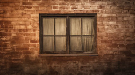 A single, weathered wood window embedded in a textured brick wall tells tales of bygone eras.の素材