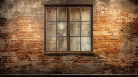 A single, weathered wood window embedded in a textured brick wall tells tales of bygone eras.の素材