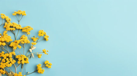 essence of summer with our stunning stock photo featuring dried yellow tansy flowers on a pastel blue background.の素材