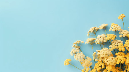 essence of summer with our stunning stock photo featuring dried yellow tansy flowers on a pastel blue background.の素材