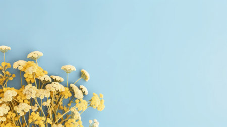 essence of summer with our stunning stock photo featuring dried yellow tansy flowers on a pastel blue background.の素材