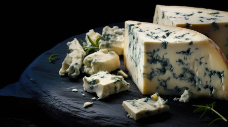 Indulge in culinary sophistication! A top-down view of rich and creamy blue cheese on a dark textured background. Gourmet delight with free space for your text.の素材