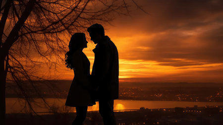 enchanting silhouettes of couples against a vibrant evening sky, showcasing the dreamy and romantic atmosphere of Valentine's Day with warm colors and soft lightingの素材