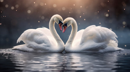 enchanting visuals of a couple of white swans, gracefully expressing love on Valentine's Day.の素材