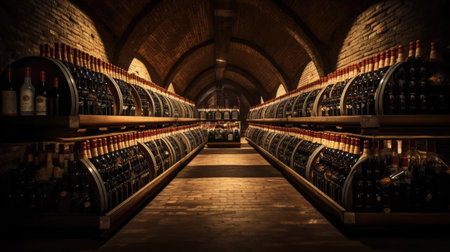 richness of wine culture with a captivating image of vintage bottles in a well-aged cellar, showing the heritage and craftsmanship of winemakingの素材