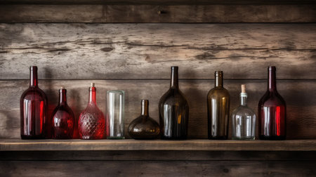 close-up view of red wine bottles on a vintage wooden shelf. Perfect for conveying the rustic winery atmosphere and the essence of winemaking tradition."の素材