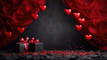 captivating Valentine's Day background featuring an array of vivid red hearts on a sleek black backdrop.の素材