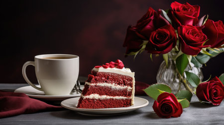 captivating visual with a tempting Red Velvet cake, a cup of coffee, and beautiful roses againstの素材