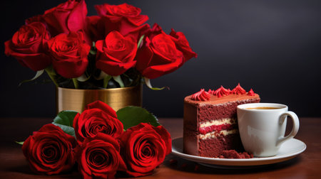 captivating visual with a tempting Red Velvet cake, a cup of coffee, and beautiful roses againstの素材