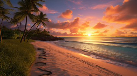 Capturing the essence of a tranquil evening on the beach, follow the trail of footprints in the warm sand, leading to a scenic sunset-a perfect visual for a romantic getaway or coastal vacationの素材