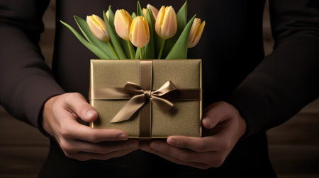 Elegance in a box! A beautifully wrapped gift box accompanied by tulip flowers cradled in male hands. Ideal for conveying emotions, celebration, and thoughtful gifting momentsの素材