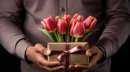 Elegance in a box! A beautifully wrapped gift box accompanied by tulip flowers cradled in male hands. Ideal for conveying emotions, celebration, and thoughtful gifting momentsの素材