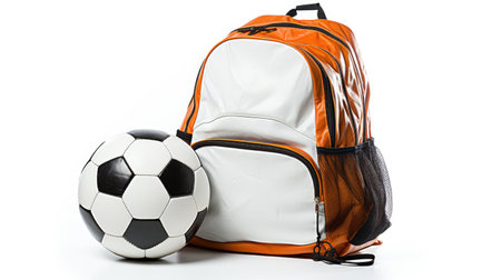 Backpack and soccer ball duo isolated on a crisp white background. Perfect for sports-themed promotions,の素材
