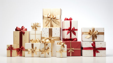 A stack of beautiful gift boxes on a pristine white background, capturing the essence of a celebratory New Year concept.の素材