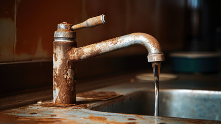 Decayed utility: An old rusty sink faucet in the kitchen, showcasing rust streaks, calcium scale, and the concept of poor water quality.の素材