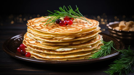 A stack of crepes on a dark brown wooden background, beautifully presented in rustic style. Top view perfection with a welcoming place for text.の素材