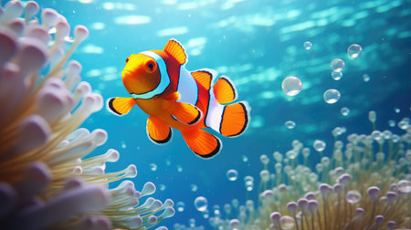 Underwater ballet: A small orange clown fish, Amphiprion, dances and plays in vibrant blue waters.の素材