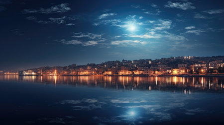 Urban lunar allure: Lantern lights reflect in the water under the radiant glow of a full moon over the city.の素材