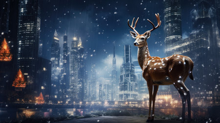captivating image of a Christmas deer adorned with lights against a black background, symbolizing the festive spirit.の素材