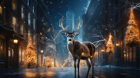 captivating image of a Christmas deer adorned with lights against a black background, symbolizing the festive spirit.の素材
