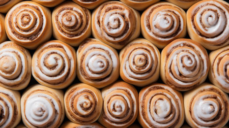 essence of holiday baking with a top view of freshly baked cinnamon buns.の素材